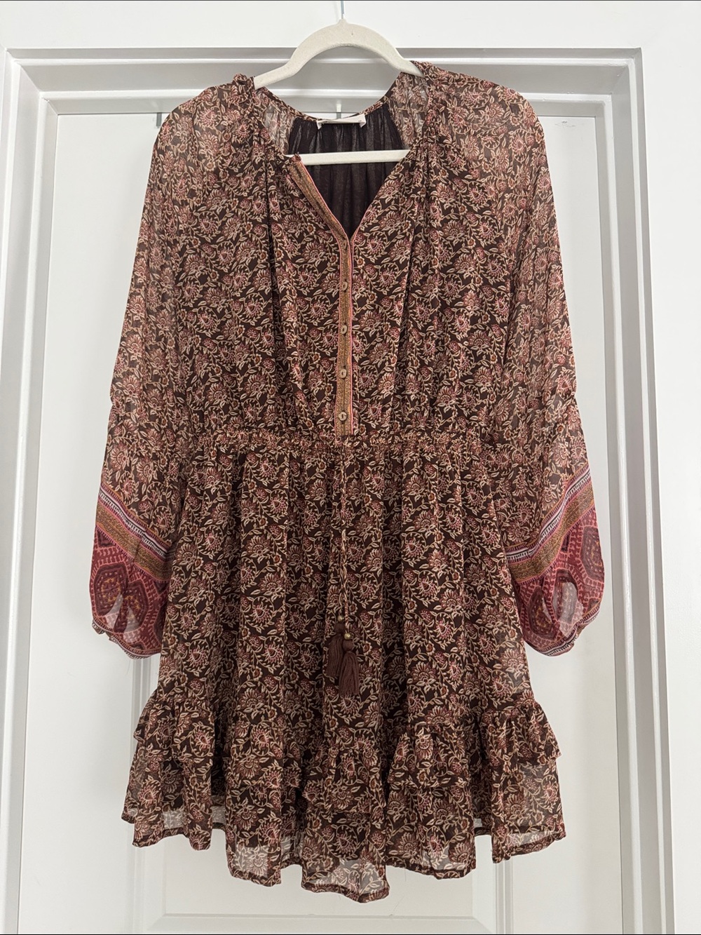 The Impeccable Pig Brown Floral Mini Dress with Pink Accent